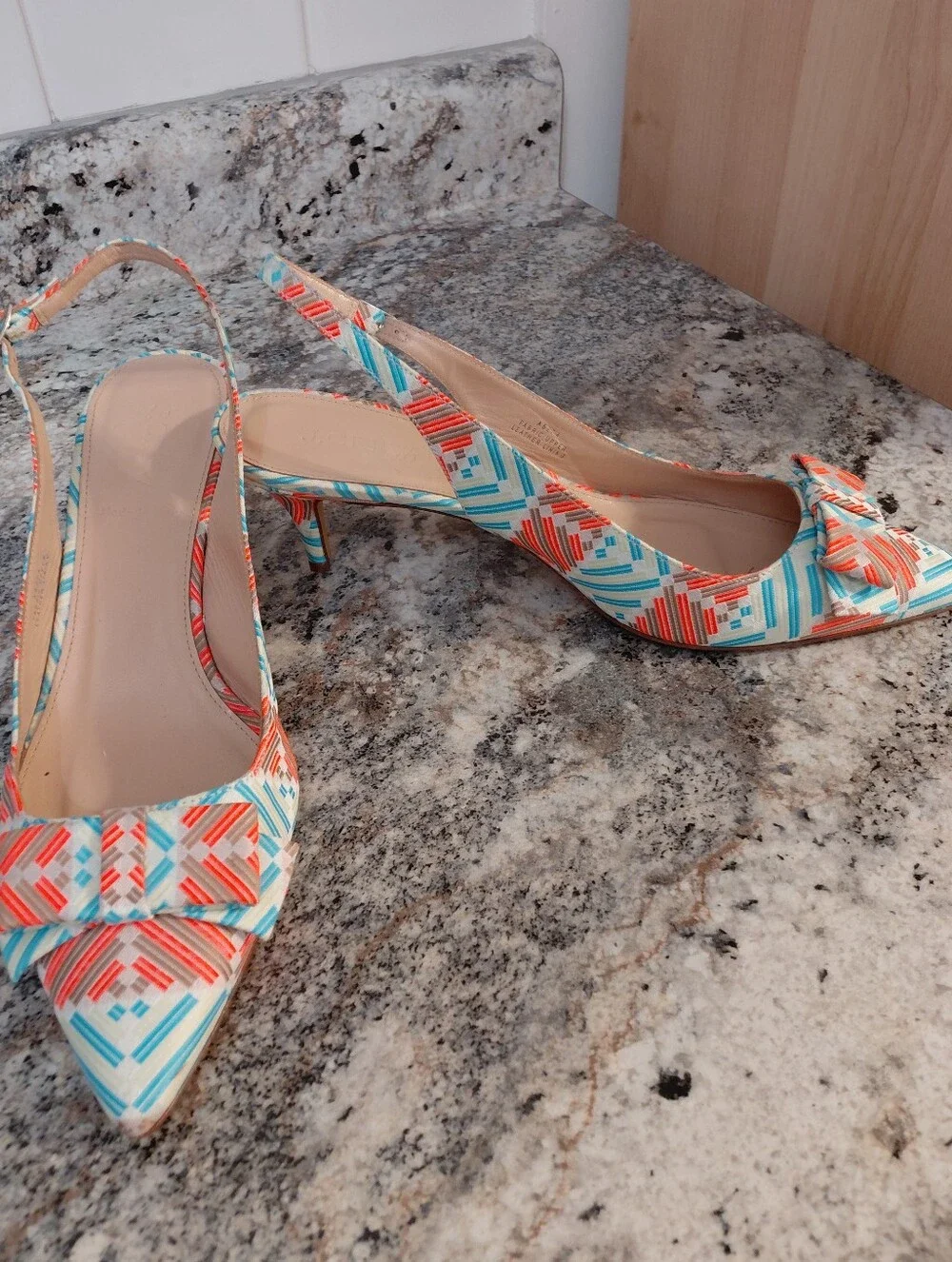 J. Crew Teal & Coral Leather Slingback Heels With A Bow